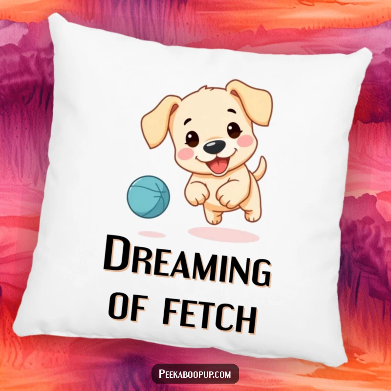 Funny pillow with a cute puppy, featuring its floppy ears, joyfully chasing a bouncing ball.