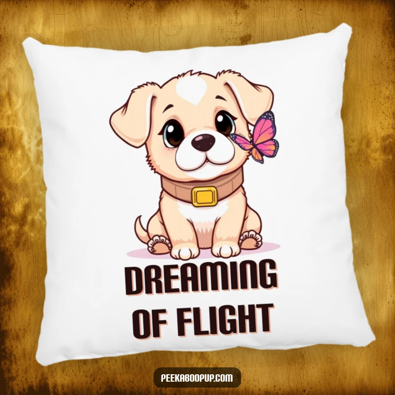 Funny pillow featuring a puppy in an oversized collar, looking with innocent wonder at a butterfly, creating a cozy scene.