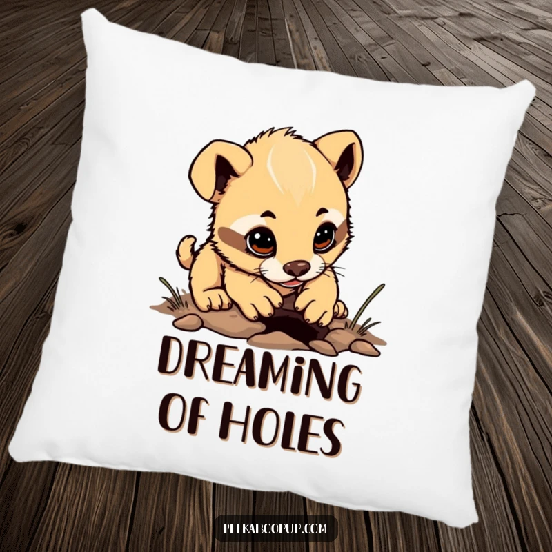 Funny puppy digging pillow, determined character digging a tiny hole, cozy and cute cushion for any room.