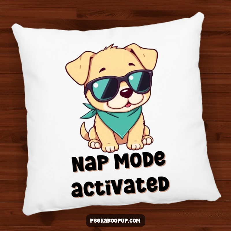 Funny pillow displaying a puppy wearing sunglasses and a bandana, looking cool and relaxed, perfect for adding comfort and style.