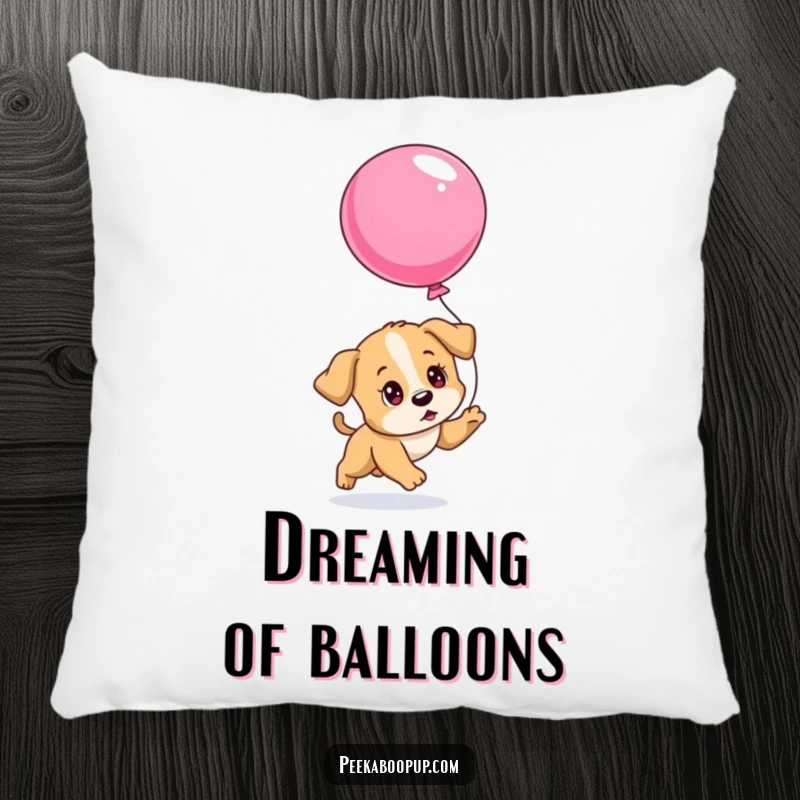 Funny pillow displaying a determined puppy chasing a deflating balloon, perfect for adding comfort and a touch of perseverance.