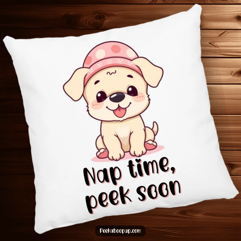 Funny Pillow featuring a giggling puppy in a hat, peeking out playfully in a game of peek-a-boo, adding humor to any room.