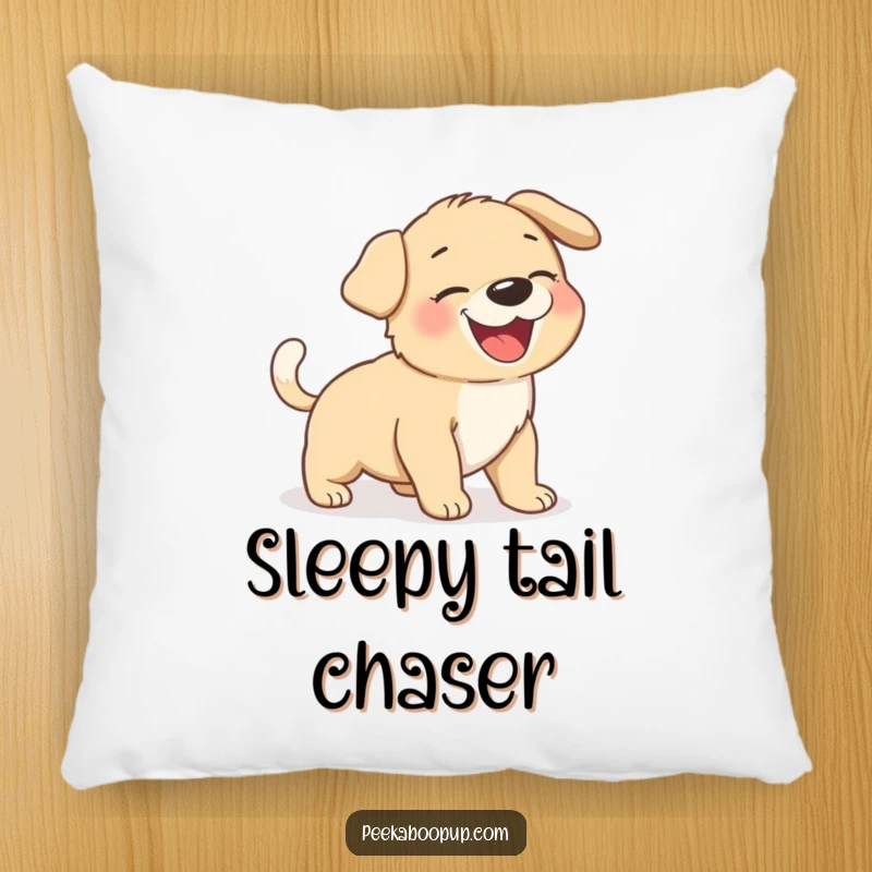 Funny giggling puppy chasing its tail, depicted on a plush and comfortable pillow.