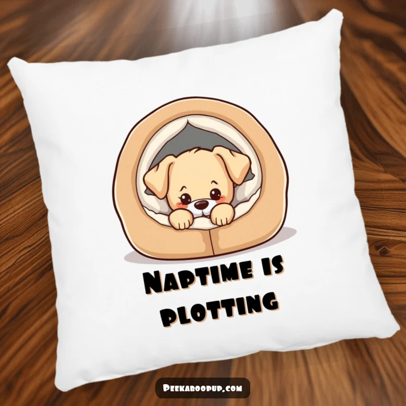 Funny pillow with a cute puppy peeking from its cozy dog bed with a playful, mischievous expression.