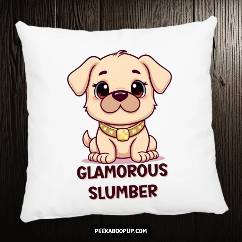 Funny decorative pillow showcasing a proud puppy with a sparkling collar posing confidently, perfect for sofas.