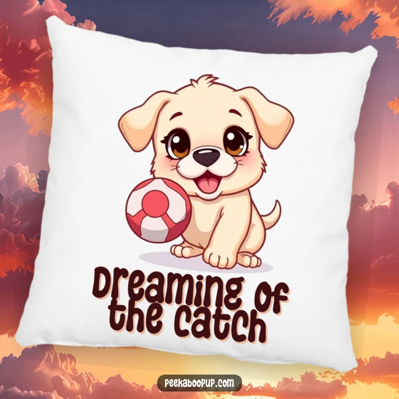 Funny pillow featuring an excited puppy with wide, eager eyes, jumping to catch a bouncing ball, perfect for a playful space.