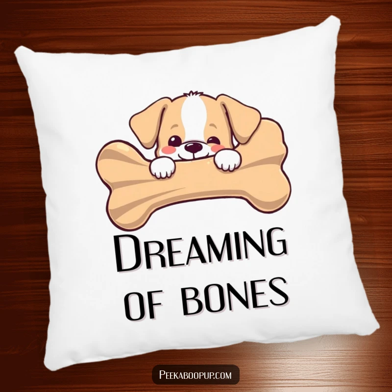 Funny puppy peeking joyfully from behind a giant striped bone on a soft pillow, offering comfort and adorable charm, a perfect funny gift.