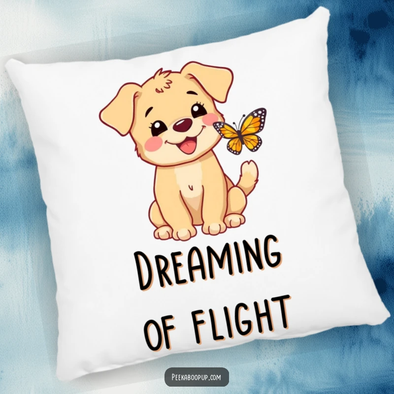 Funny decorative pillow showing a happy puppy barking at a butterfly, tail wagging, perfect for sofas.