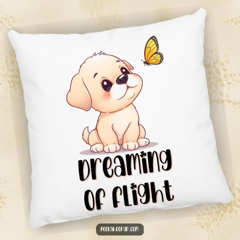 Funny puppy pillow with a curious puppy tilting its head at a fluttering butterfly.