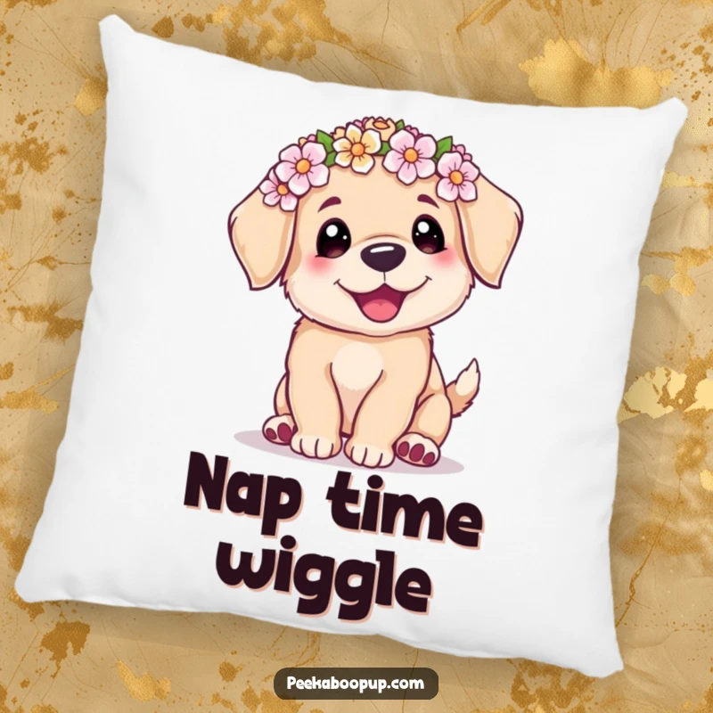 Funny decorative pillow with a cute puppy in a flower crown, captured mid-wiggle, offering comfort and humor.