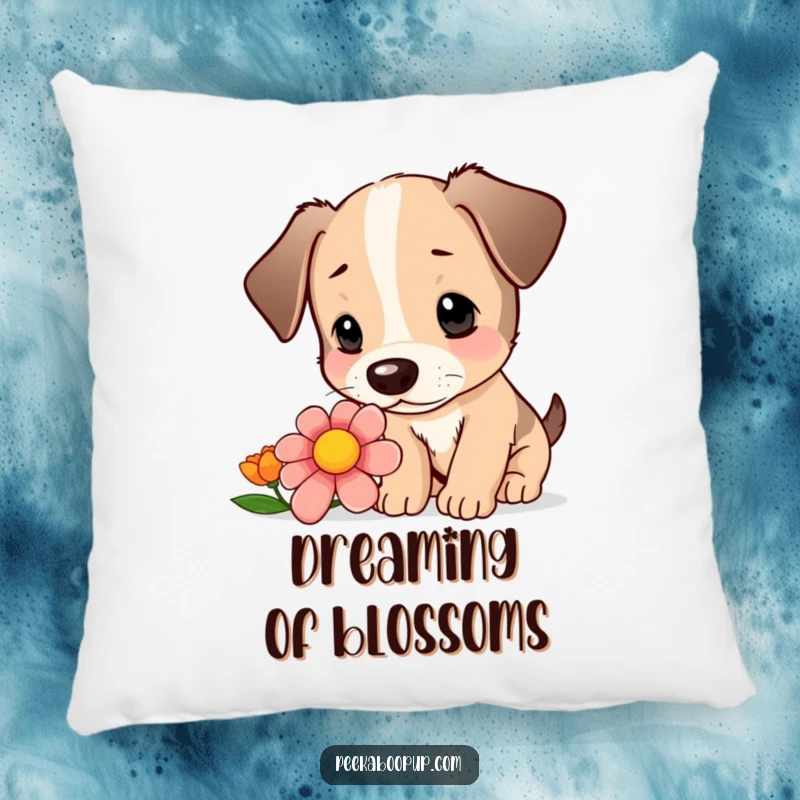 Funny pillow with a cute puppy curiously sniffing a colorful flower with focused intrigue.