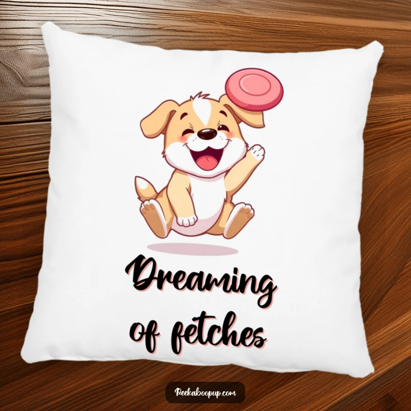 Funny pillow decorated with a happy puppy leaping to catch a frisbee, representing playful canine energy.