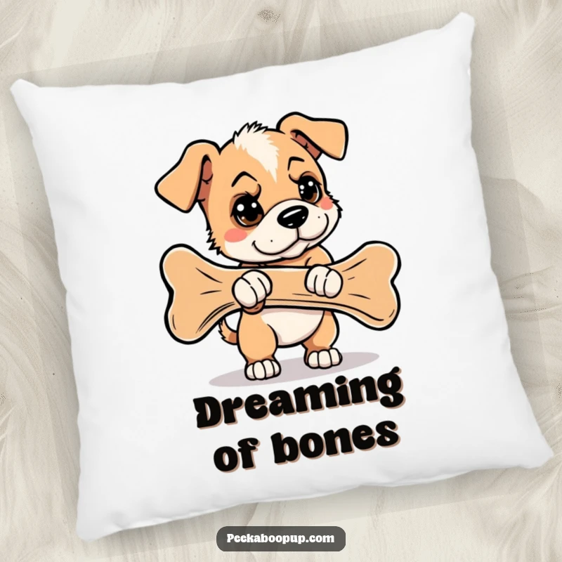 Funny decorative pillow featuring a determined puppy with a focused expression, trying to carry a comically large bone.
