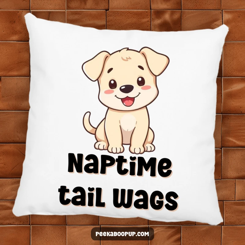 Funny Pillow featuring a happy puppy with a vigorously wagging tail, offering a warm and enthusiastic greeting.