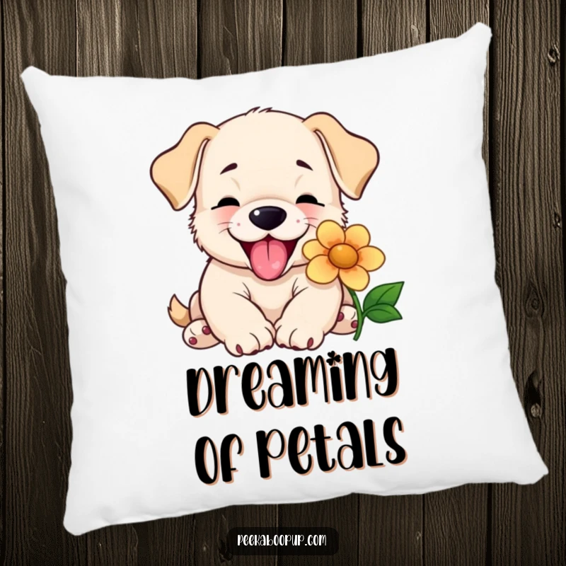 Funny pillow featuring a happy puppy giving a slobbery lick to a flower, providing comfort and a humorous decorative accent.