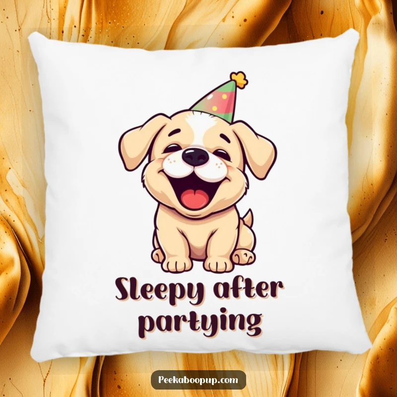 Funny puppy party pillow, character in party hat barking joyfully, cozy and cute cushion for any room.