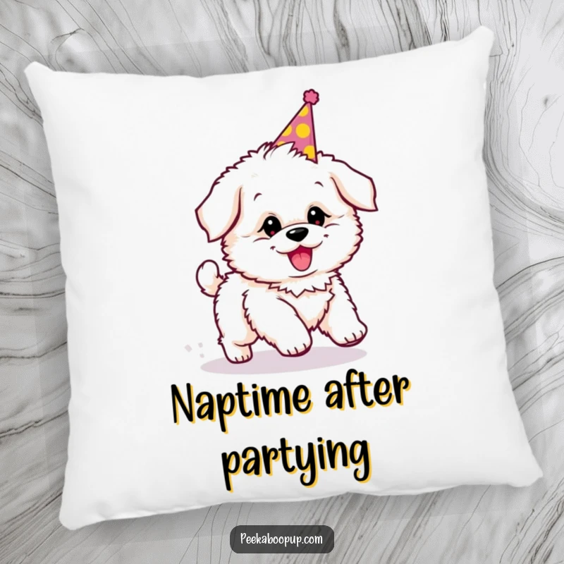 Funny pillow featuring a fluffy puppy wearing a party hat, comically engaged in chasing its tail.