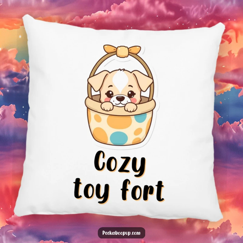 Funny Pillow showcasing a curious puppy peeking from a colorful dog toy basket, offering humorous comfort and adorable visual appeal as decor.