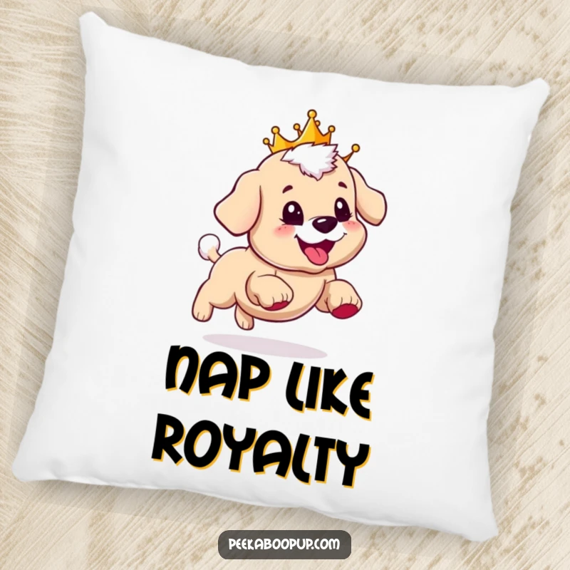Funny pillow featuring a puppy wearing a crown, happily chasing its tail with a wide, joyful grin.