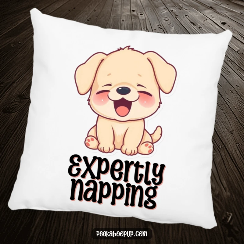 Funny puppy yawning a big, happy, sleepy smile, depicted on a plush and comfortable pillow.