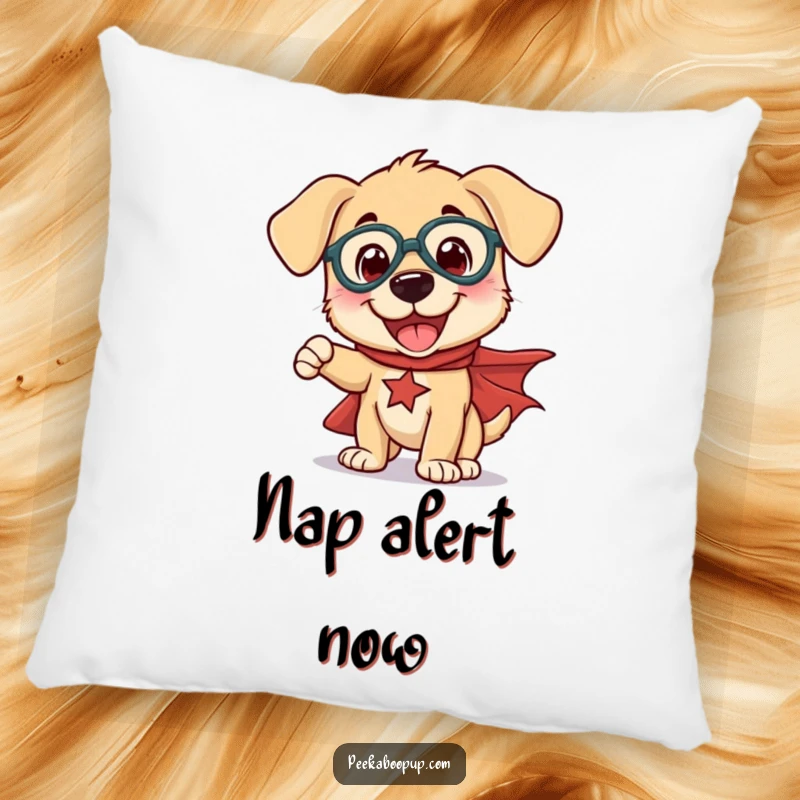 Funny decorative pillow showing a happy puppy hero in a cape striking a funny, exaggerated pose, soft and huggable.