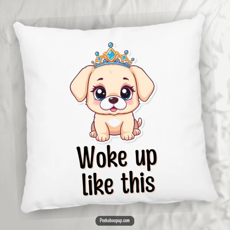 Funny pillow featuring a puppy with a tiara, looking surprised with wide, curious eyes, offering comfort and humor.