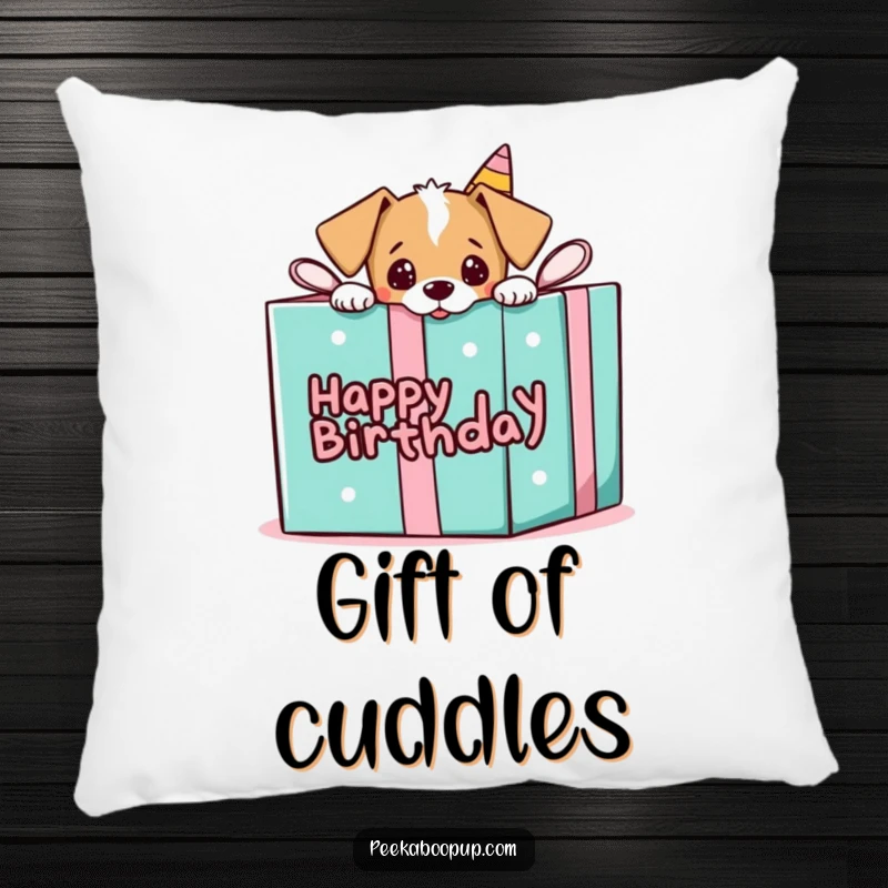 Funny pillow featuring a puppy playfully peeking out from a large birthday gift box, offering cozy surprise.