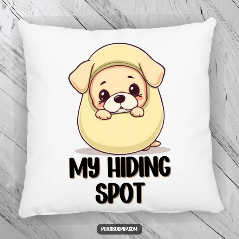 Funny pillow showcasing a soft, plush puppy peeking out with playful curiosity from behind an oversized squeaky toy.