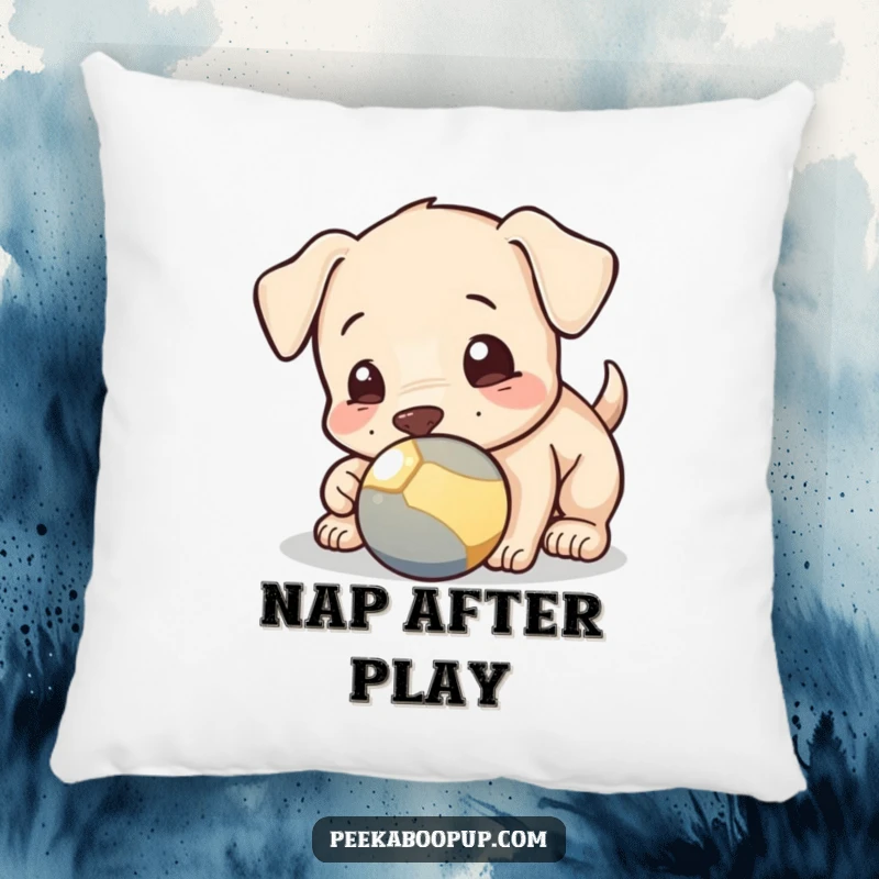 Funny pillow featuring a puppy playfully nudging a ball with its nose, providing comfort and a humorous decorative accent.
