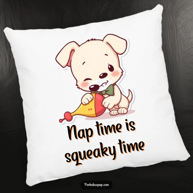 Funny pillow with a mischievous puppy wearing a bowtie, holding a squeaky toy, offering comfort and a humorous touch to any sofa.