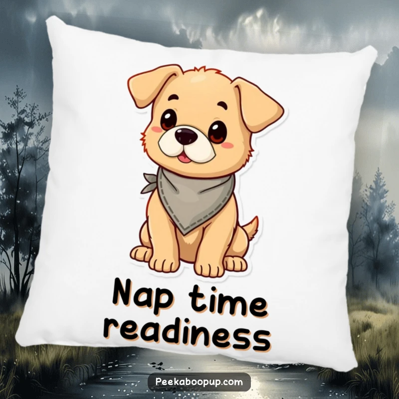 Funny puppy wearing a bandana and posing proudly, depicted on a plush and comfortable pillow.