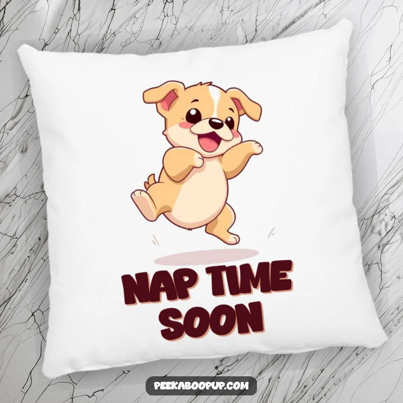 Funny pillow featuring a puppy hilariously tripping over its feet during a dramatic jump, providing comfort and a humorous accent.