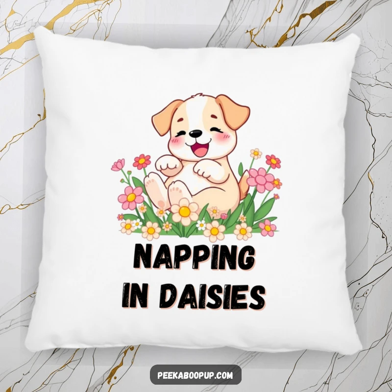 Funny Pillow featuring a happy puppy blissfully rolling in a patch of vibrant cartoon flowers, soft and cuddly.