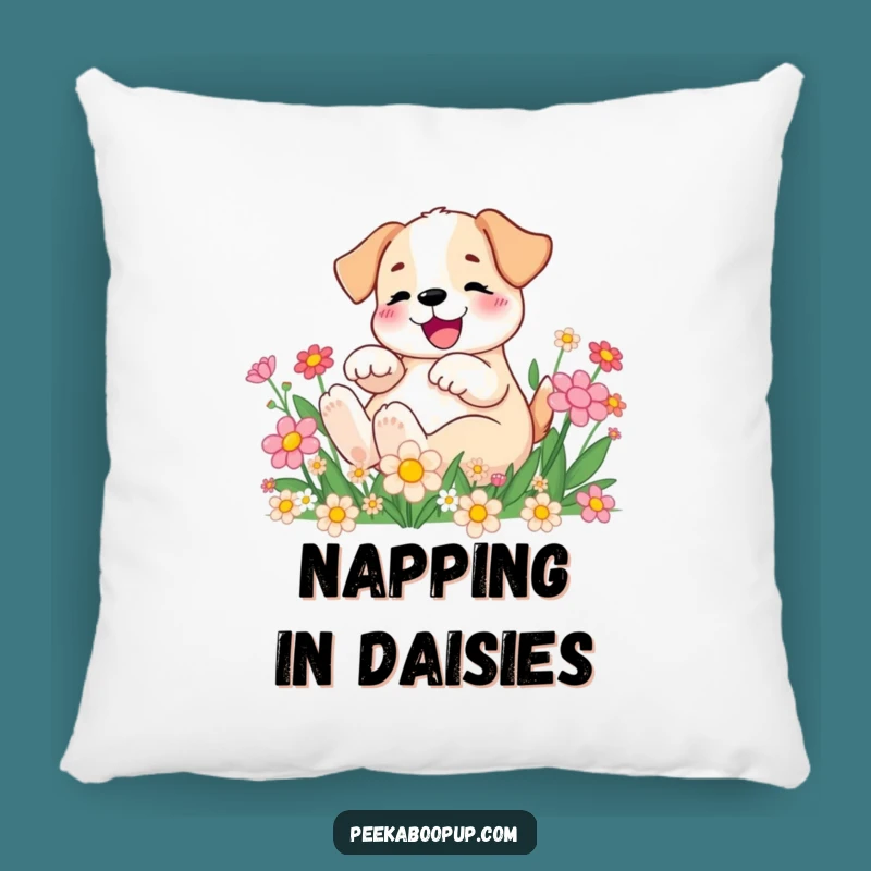 Funny Puppy Rolling in Flowers Pillow: Soft & Cheerful Canine Comfort Gift