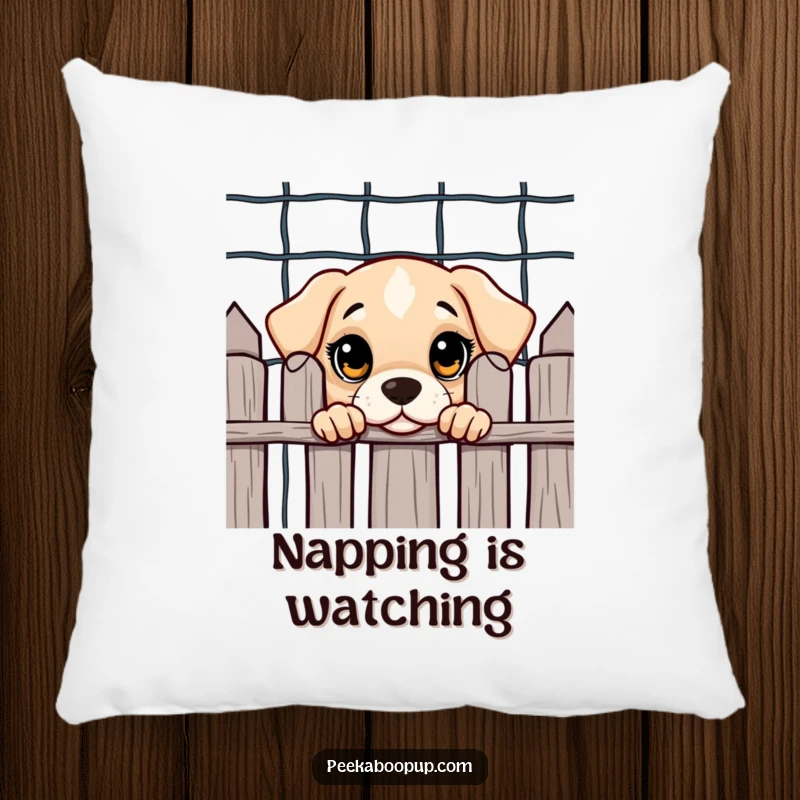 Funny and soft pillow featuring a curious puppy with big eyes peeking from behind a fence, perfect for cozy spaces.