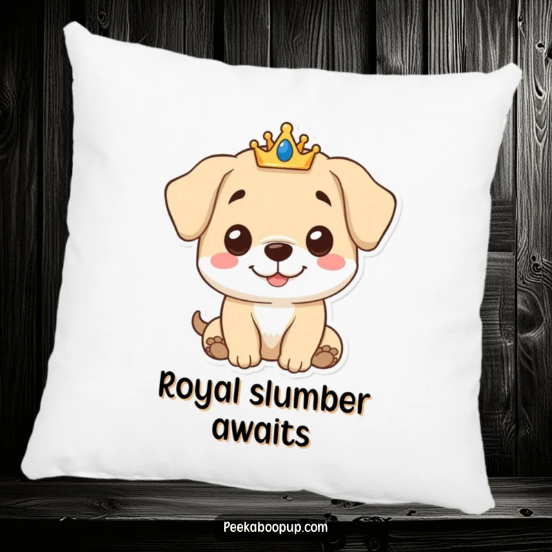Funny Royal Puppy Pillow featuring a sweet puppy with a gentle smile crowned with a small tiara, adding cozy charm.