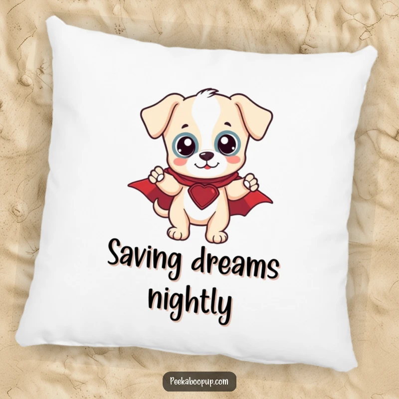 Funny Hero Puppy Pillow: Soft cushion featuring a heroic puppy in a cape striking a brave pose