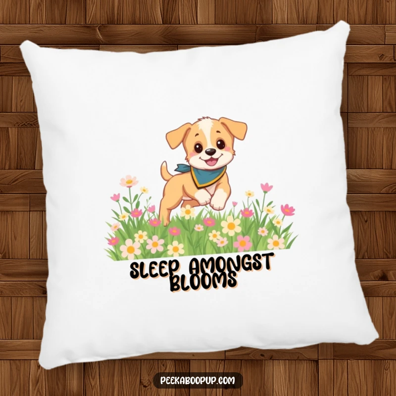 Funny and soft pillow featuring a playful puppy wearing a bandana, frolicking in a vibrant field of flowers, perfect for cozy spaces.