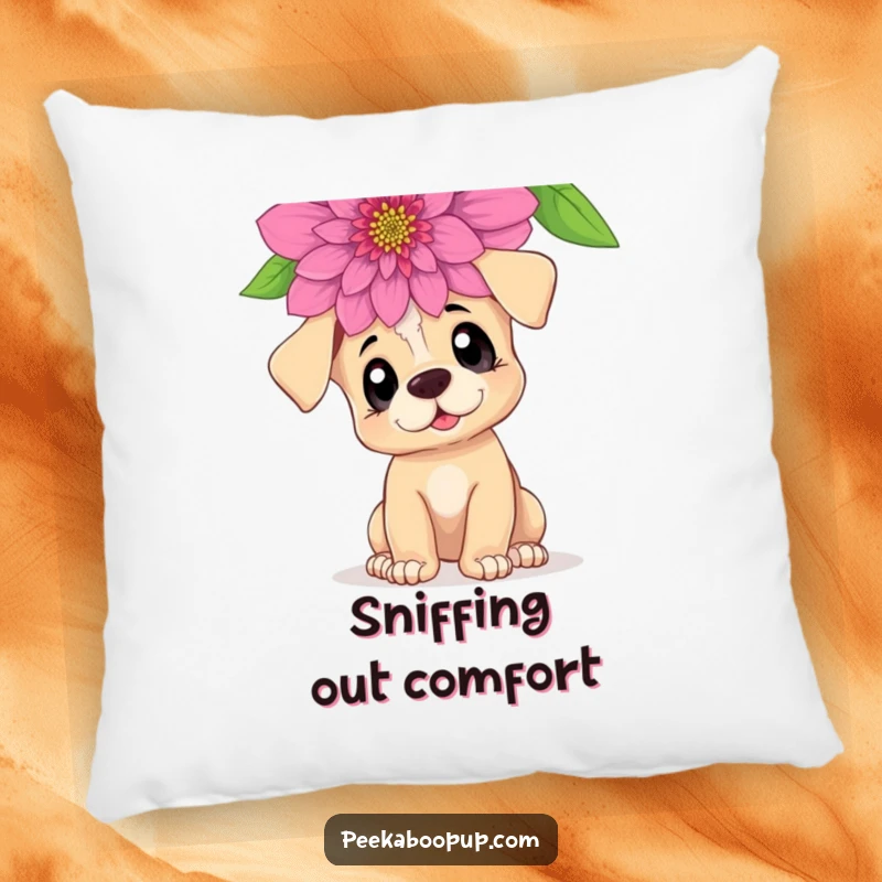 Funny Curious Puppy Pillow: Soft cushion featuring a puppy with curious eyes sniffing a large flower