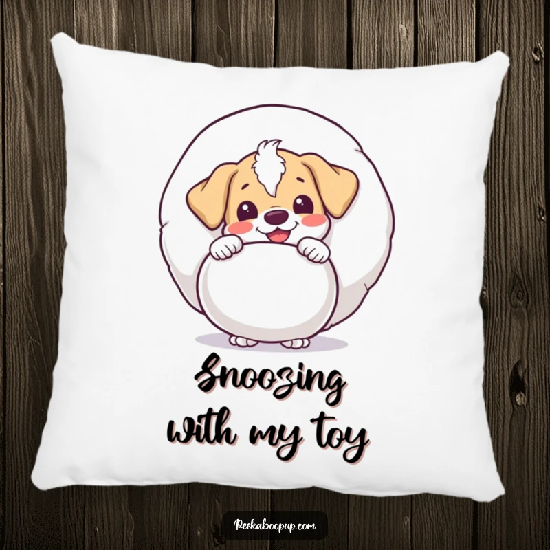 Funny and soft pillow depicting a puppy character peeking with delight from behind a giant squeaky toy, ideal for cozying up with humor.