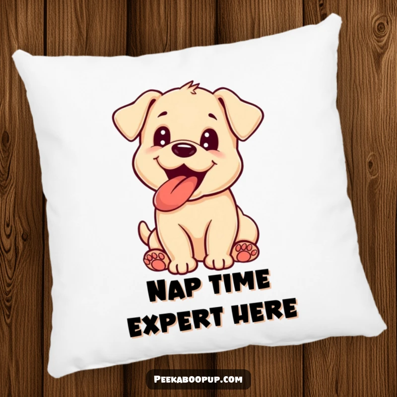 Funny puppy pillow showcasing a happy, tongue-out puppy excitedly panting, perfect for adding comfort and humor to any sofa.