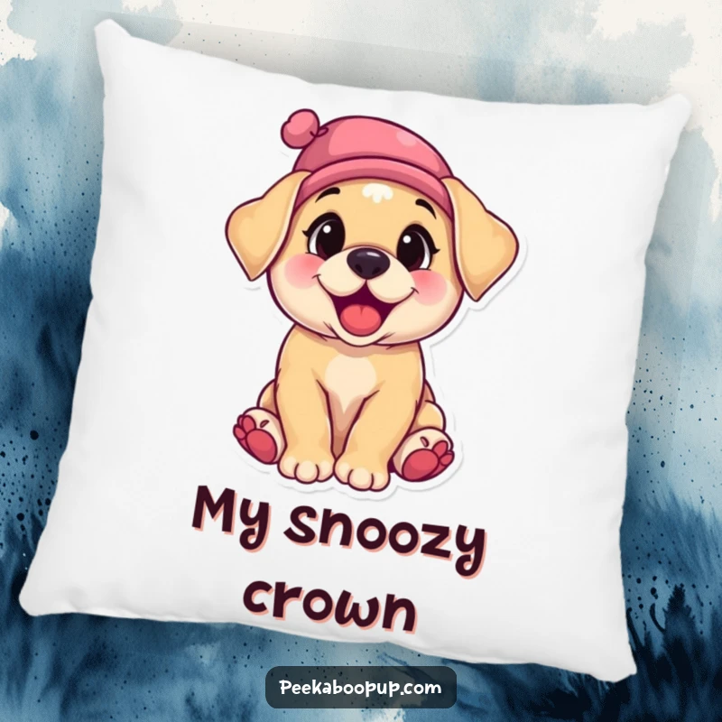 Funny pillow showcasing a soft, plush puppy caught in a moment of delightful giggling, with a tiny hat askew.