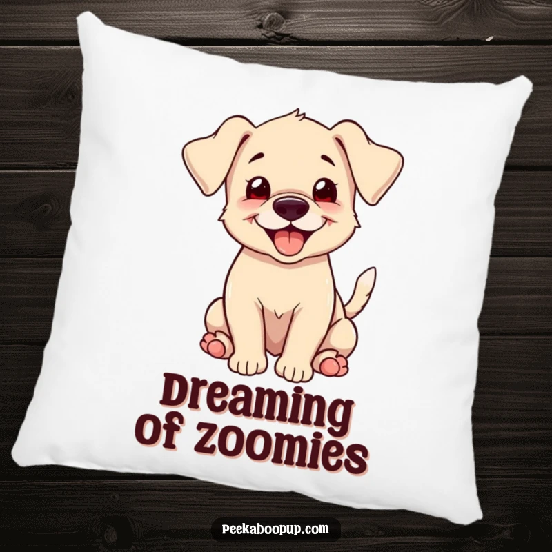 Funny and soft pillow depicting a puppy with floppy ears, a happy grin, and a furiously wagging tail, ideal for cozying up with humor.