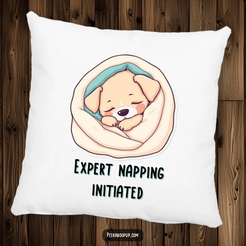 Funny Pillow: A plush cushion featuring a deeply sleepy puppy nestled within a soft blanket. Offers comfort and humor.