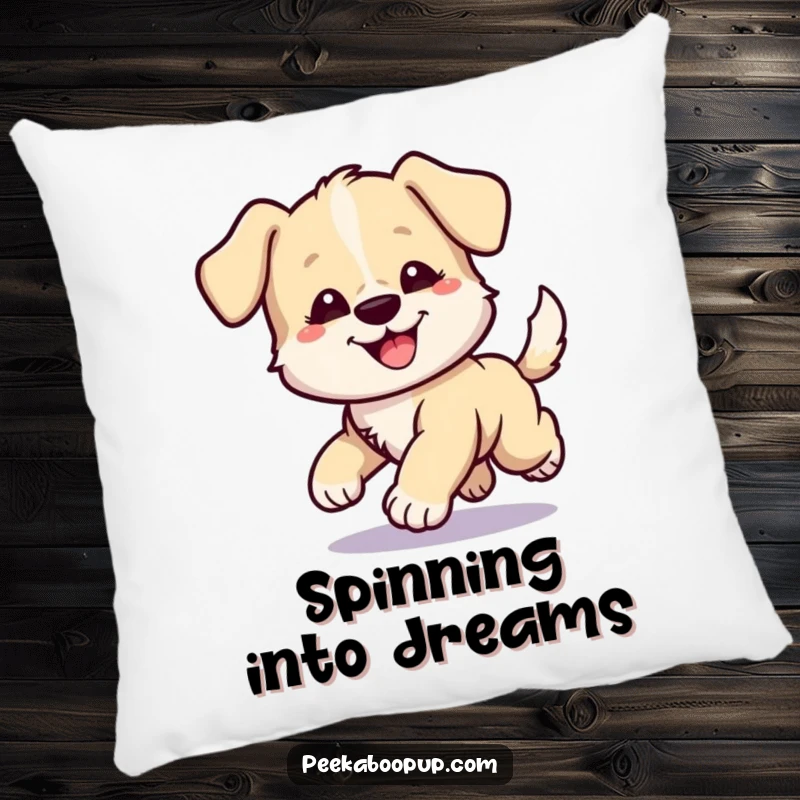 Funny pillow featuring a cute puppy with a funny, wide-eyed look, comically chasing its own tail in a blur.
