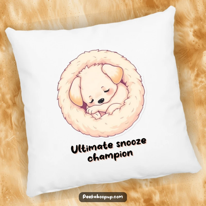 Funny Pillow showcasing a sleeping puppy curled into a soft, fuzzy ball, offering humorous comfort and adorable canine appeal for home decor.