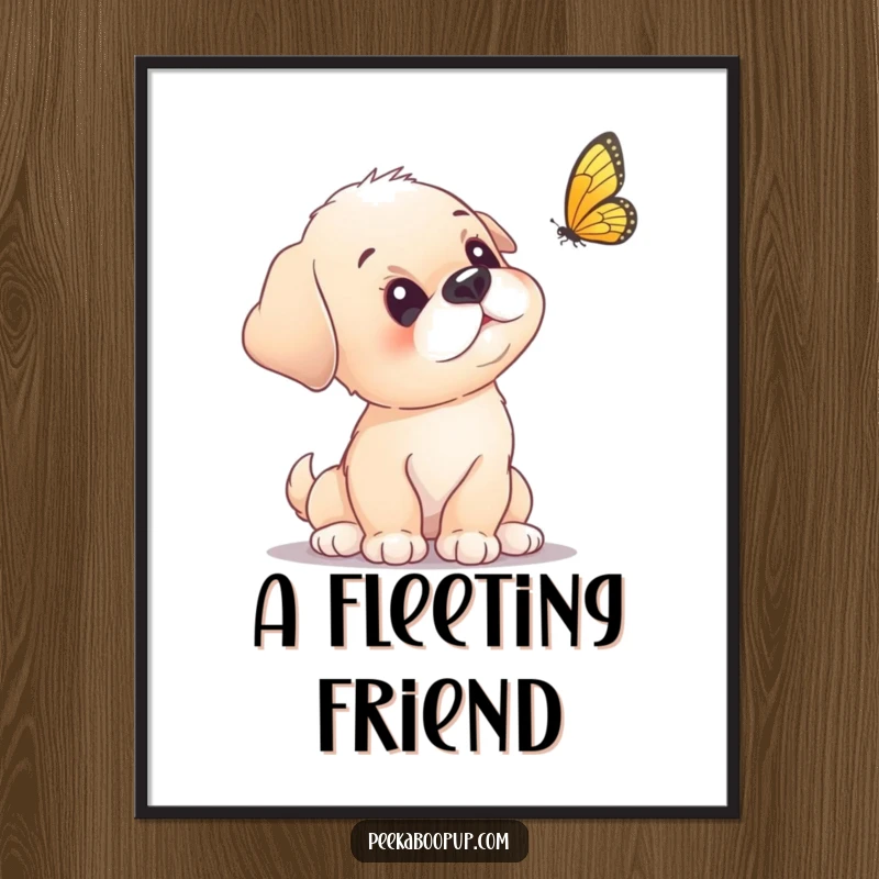 Funny puppy digital art print of a curious puppy tilting its head at a fluttering butterfly.