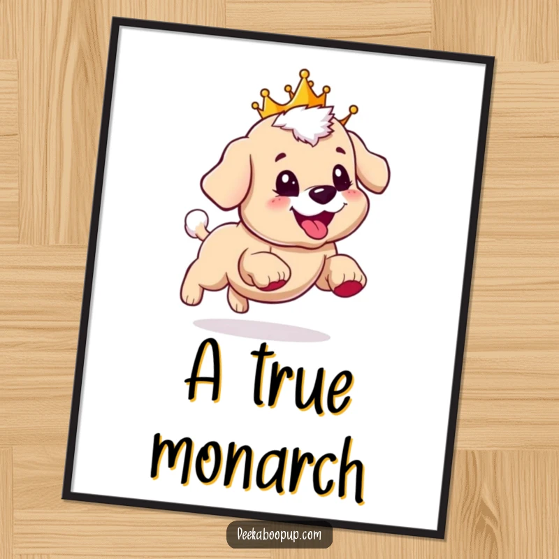 Funny digital art print of a puppy wearing a crown, happily chasing its tail with a big, excited grin.