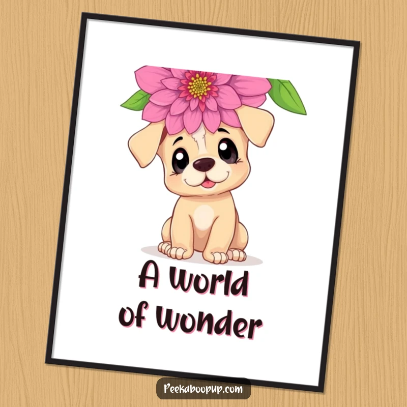 Funny Curious Puppy Digital Art Print: A puppy with curious eyes sniffing a giant flower, adding charm