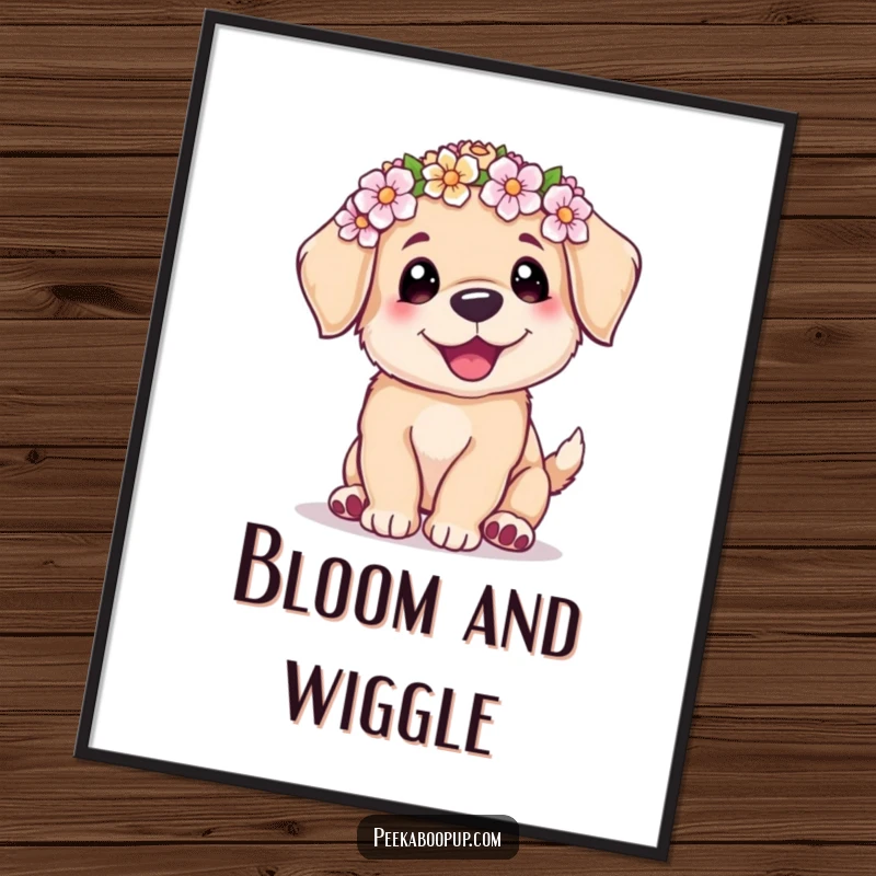 Funny digital art print of a cute puppy wearing a flower crown, captured mid-wiggle with pure, infectious joy.